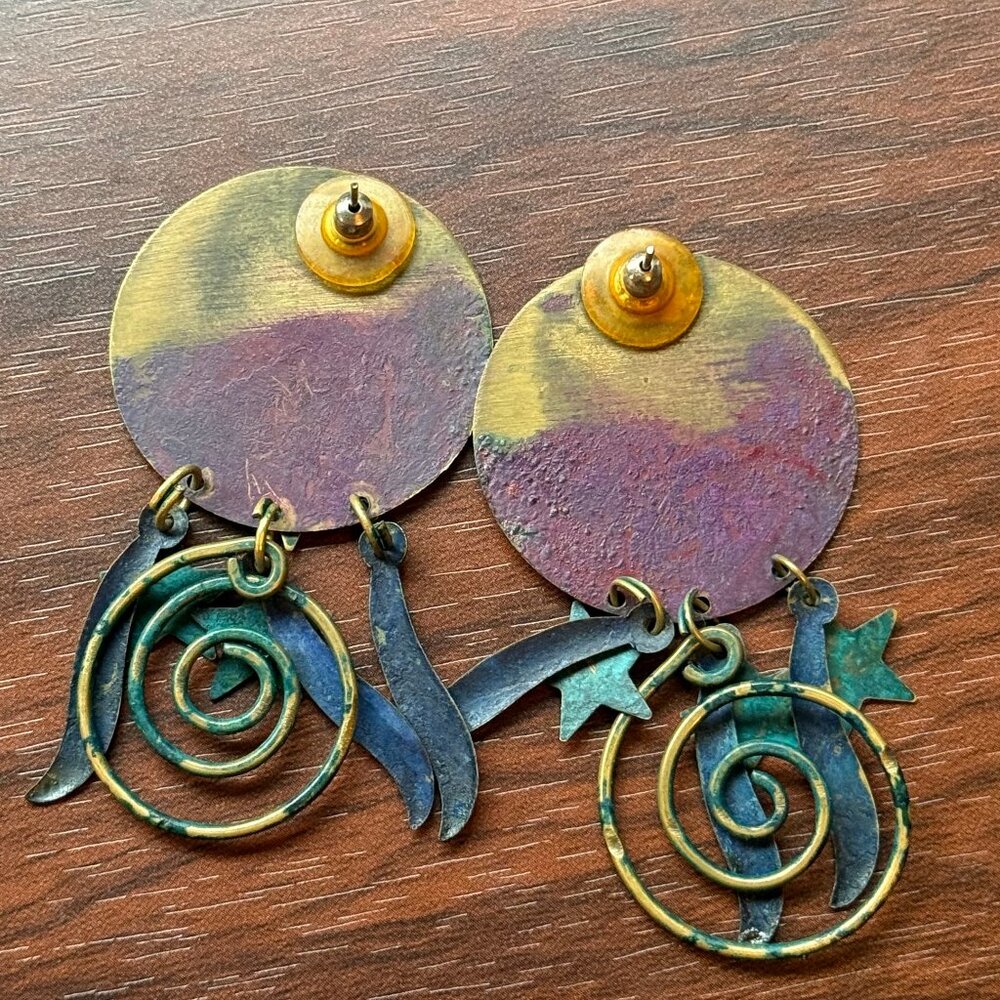 Vintage 90s Painted Purple and Teal Brass Stars Whimsigoth Earrings - Picture 3 of 3